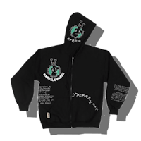 a black hoodie with writing on it