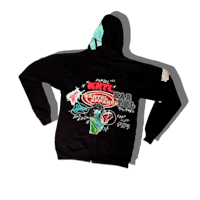 a black hoodie with an image of a skateboarder on it