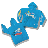 a blue hoodie with a drawing on it