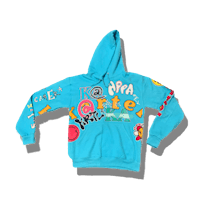 a blue hoodie with colorful designs on it