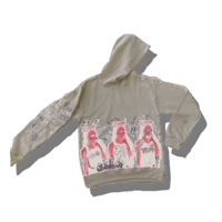 a grey hoodie with a red and white design on it